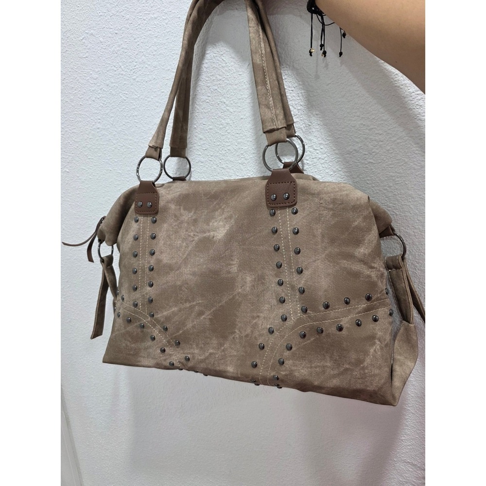 Tan Distressed Canvas Studded Shoulder Bag Western Boho Tote Khakir - Picture 2 of 8